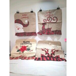 NEW Set Of 4 Farmhouse Cabin Deer Poinsettias Christmas Chair Covers NIB